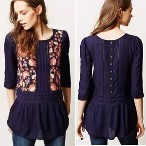 FLOREAT Anthropologie Luana Navy Floral Embroidered Peplum Flowy Blouse Top Sz 0